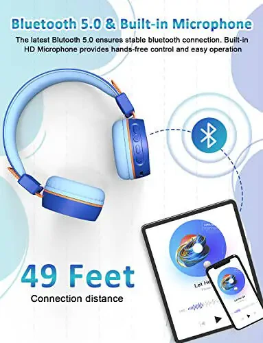 New bee Kids Bluetooth Headphone with Microphone Bluetooth 5.0 Wireless Kids Headphones with 32H Playtime/94dB Volume Limited On Ear Headphones for School/Girls/Boys/iPad/Fire Tablet(Blue) - 1