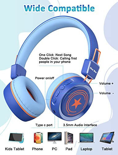 New bee Çocuk Bluetooth Kulaklık Mikrofonlu Bluetooth 5.0 Kablosuz Çocuk Kulaklığı 32 Saatlik Oynatma Süresiyle / 94 dB Ses Sınırlamasıyla Kulak Üstü Kulaklık Okul/Kızlar/Erkekler/iPad/Fire Tablet için (Mavi) - 4