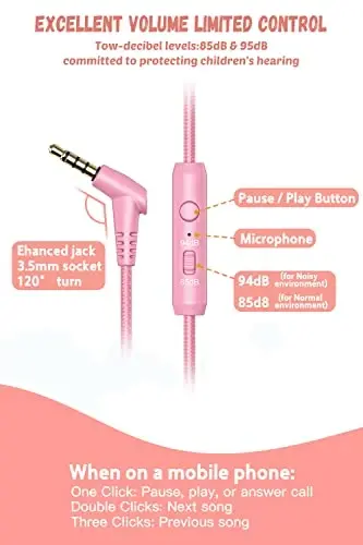 New Bee Kids Headphones Wired for School with Microphone KH20 HD Stereo Safe Volume Limited 85dB/94dB Foldable Lightweight for Girl/Mac/Android/Kindle/Tablet/Pad (Pink) - 3