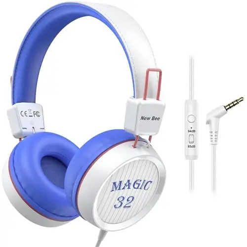 New Bee Детские наушники для школы с микрофоном KH20 HD Stereo Безопасное ограничение громкости 85 дБ/94 дБ Складные легкие накладные наушники для ПК/Mac/Android/Kindle/Планшета (Белый) 