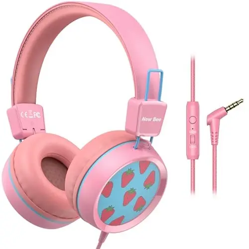 New Bee Детские проводные наушники для школы с микрофоном KH20 HD Stereo Безопасное ограничение громкости 85 дБ/94 дБ Складные легкие для девочек/Mac/Android/Kindle/Планшета/iPad (Розовые) 