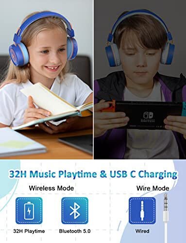 New bee Kids Bluetooth Headphones with Microphone Bluetooth 5.0 Kablosuz Çocuk Kulaklığı 32H Playtime/94dB Volume Limited On Ear Headphones for School/Girls/Boys/iPad/Fire Tablet(Blue) - 2