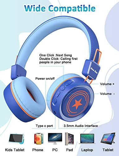 New bee Kids Bluetooth Headphones with Microphone Bluetooth 5.0 Wireless Kids Headphones with 32H Playtime/94dB Volume Limited On Ear Headphones for School/Girls/Boys/iPad/Fire Tablet(Blue) - 4