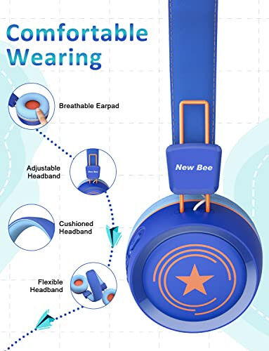 New bee Kids Bluetooth Headphones with Microphone Bluetooth 5.0 Wireless Kids Headphones with 32H Playtime/94dB Volume Limited On Ear Headphones for School/Girls/Boys/iPad/Fire Tablet(Blue) - 3
