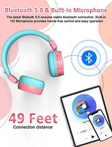 New bee Kids Bluetooth Headphones with Microphone Bluetooth 5.0 Wireless Kids Headphones with 32H Playtime/94dB Volume Limited On Ear Headphones for School/Girls/Boys/iPad/Fire Tablet(Pink) - 1