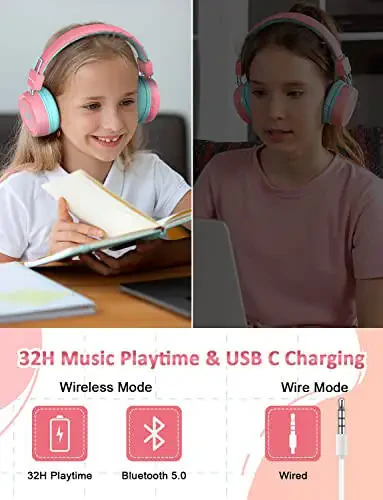 New bee Kids Bluetooth Headphones with Microphone Bluetooth 5.0 Wireless Kids Headphones with 32H Playtime/94dB Volume Limited On Ear Headphones for School/Girls/Boys/iPad/Fire Tablet(Pink) - 2