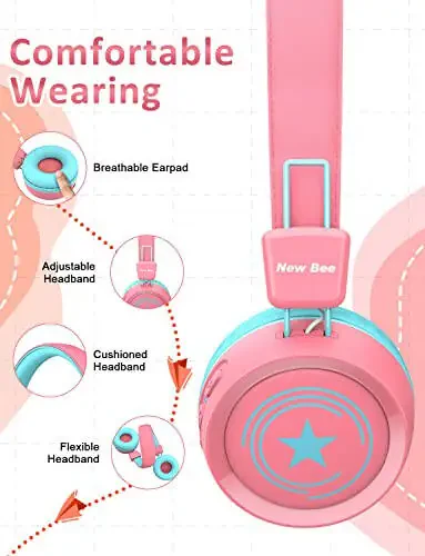 New bee Kids Bluetooth Headphones with Microphone Bluetooth 5.0 Wireless Kids Headphones with 32H Playtime/94dB Volume Limited On Ear Headphones for School/Girls/Boys/iPad/Fire Tablet(Pink) - 3
