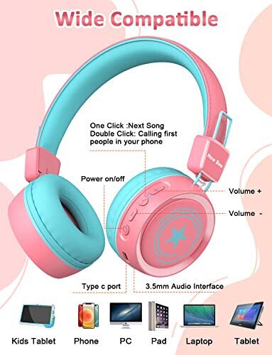 New bee Kids Bluetooth Headphones with Microphone Bluetooth 5.0 Wireless Kids Headphones with 32H Playtime/94dB Volume Limited On Ear Headphones for School/Girls/Boys/iPad/Fire Tablet(Pink) - 4