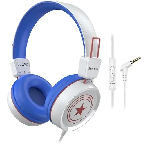 New bee Kids Headphones for School with Microphone KH20 HD Stereo Safe Volume Limited 85dB/94dB Foldable Lightweight On-Ear Headphone for boy Mac/Android/Kindle/Tablet/Pad 