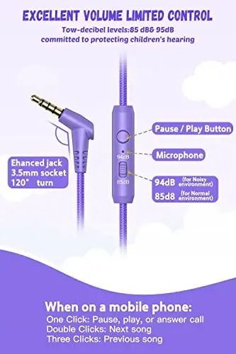 New bee Kids Headphones for School with Microphone KH20 HD Stereo Safe Volume Limited 85dB/94dB Foldable Lightweight On-Ear Headphone for PC/Mac/Android/Kindle/Tablet/Pad (Purple) - 3