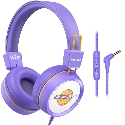New bee Kids Headphones for School with Microphone KH20 HD Stereo Safe Volume Limited 85dB/94dB Foldable Lightweight On-Ear Headphone for PC/Mac/Android/Kindle/Tablet/Pad (Purple) 
