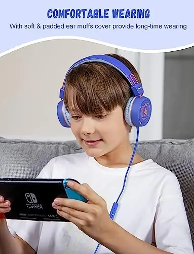 New bee Kids Headphones for School with Microphone KH20 HD Stereo Safe Volume Limited 85dB/94dB Foldable Lightweight On-Ear Headphone for boy Mac/Android/Kindle/Tablet/Pad(Royal Blue) - 2