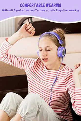 New bee Maktab uchun mikrofonli bolalar naushniklari KH20 HD Stereo Xavfsiz ovoz cheklangan 85dB/94dB Yig‘iladigan yengil quloq ustidagi naushnik kompyuter/Mac/Android/Kindle/Planshet uchun (Binafsharang) - 4