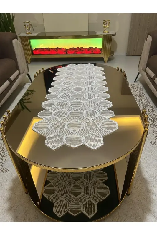 New Luxury Runner Living Room Coffee Table Cover Set French Guipure Dowry Set WHITE 5 Pieces-WHITE - 12