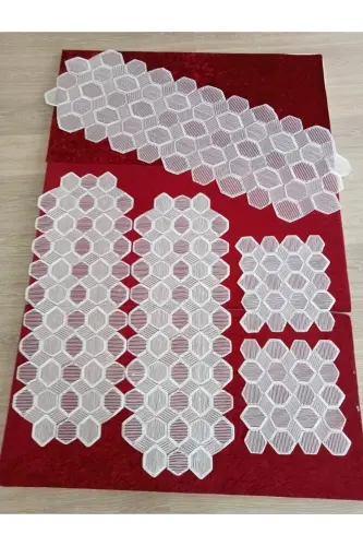 New Luxury Runner Living Room Coffee Table Cover Set French Guipure Dowry Set WHITE 5 Pieces-WHITE - 7