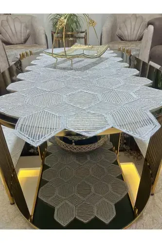 New Luxury Runner Living Room Coffee Tablecloth Set French Guipure Dowry Set GRAY 5 Pieces-GRAY - 3