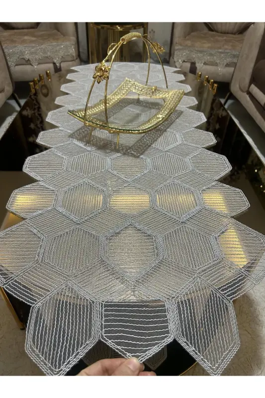 New Luxury Runner Living Room Coffee Tablecloth Set French Guipure Dowry Set GRAY 5 Pieces-GRAY - 3