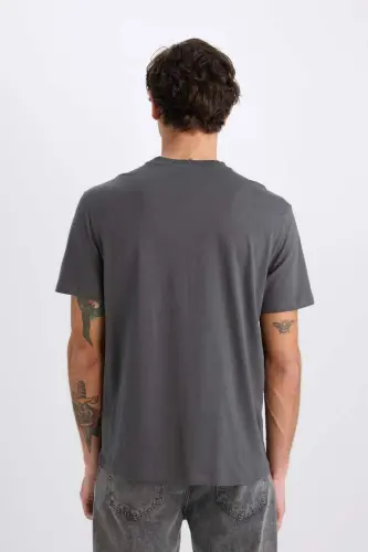 New Regular Fit Bisiklet Yaka Basic Düz %100 Pamuk Kısa Kollu Tişört-Antrasit - 6