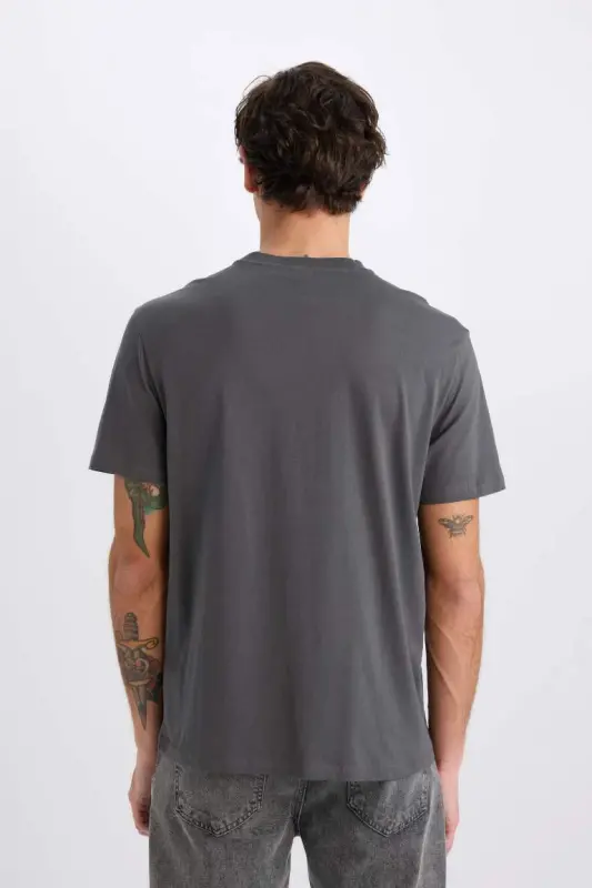 New Regular Fit Bisiklet Yaka Basic Düz %100 Pamuk Kısa Kollu Tişört-Antrasit - 6