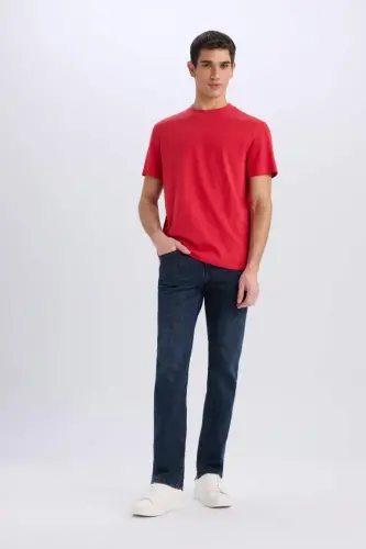 New Regular Fit Bisiklet Yaka Basic Düz %100 Pamuk Kısa Kollu Tişört-Kırmızı - 2