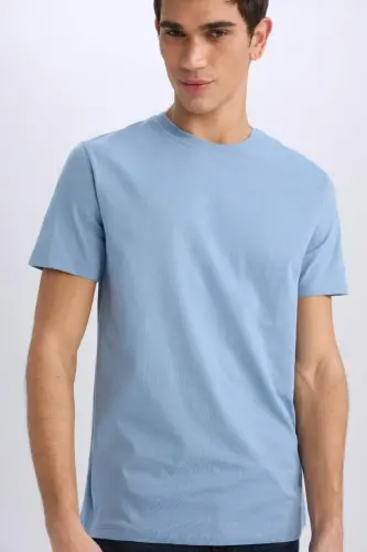 New Regular Fit Crew Neck Basic Plain 100% Cotton Short Sleeve T-Shirt-Blue - 4