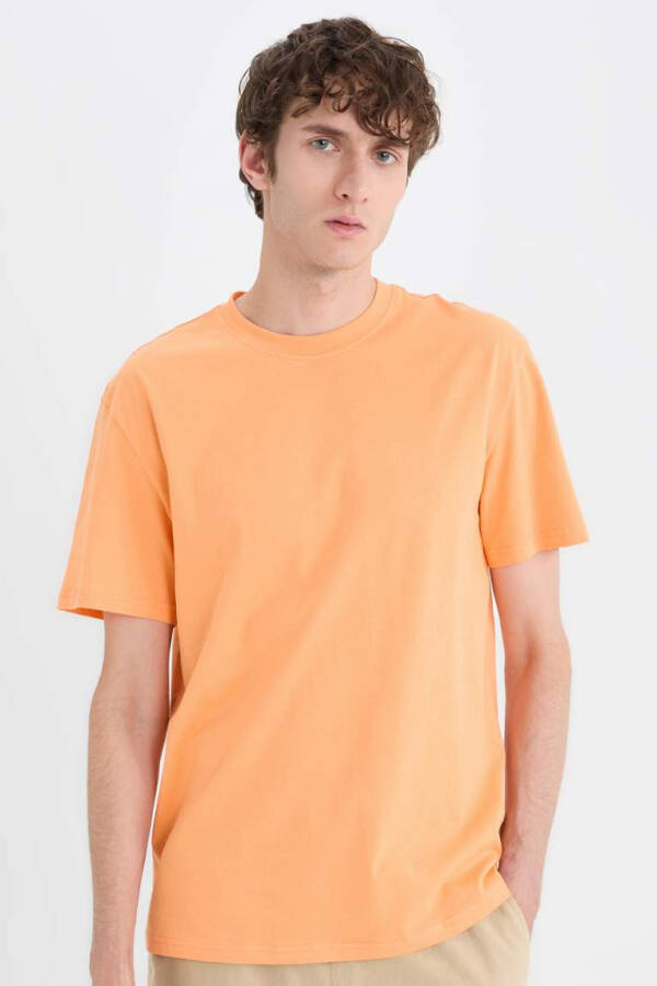 New Regular Fit Crew Neck Basic Plain 100% Cotton Short Sleeve T-shirt Light Orange - 1