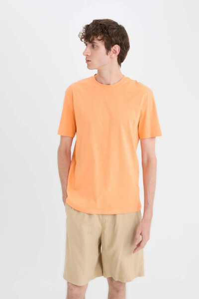 New Regular Fit Crew Neck Basic Plain 100% Cotton Short Sleeve T-shirt Light Orange - 3