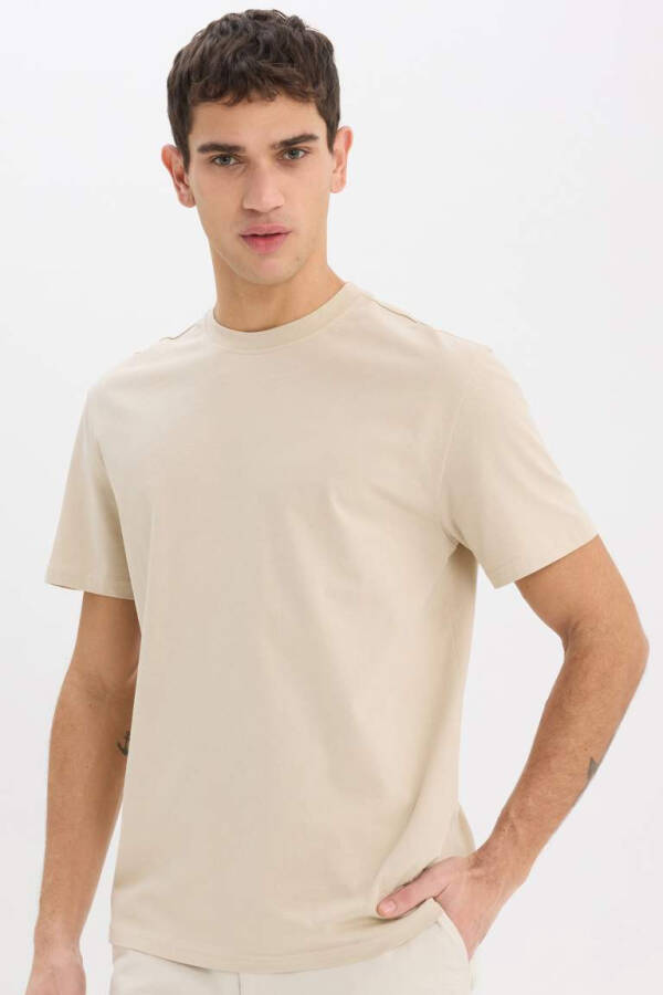 New Regular Fit Crew Neck Basic Plain 100% Cotton Short Sleeve T-Shirt - Stone - 1