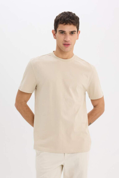 New Regular Fit Crew Neck Basic Plain 100% Cotton Short Sleeve T-Shirt - Stone - 2