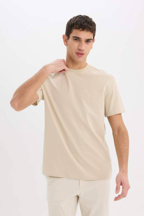 New Regular Fit Crew Neck Basic Plain 100% Cotton Short Sleeve T-Shirt - Stone - 3