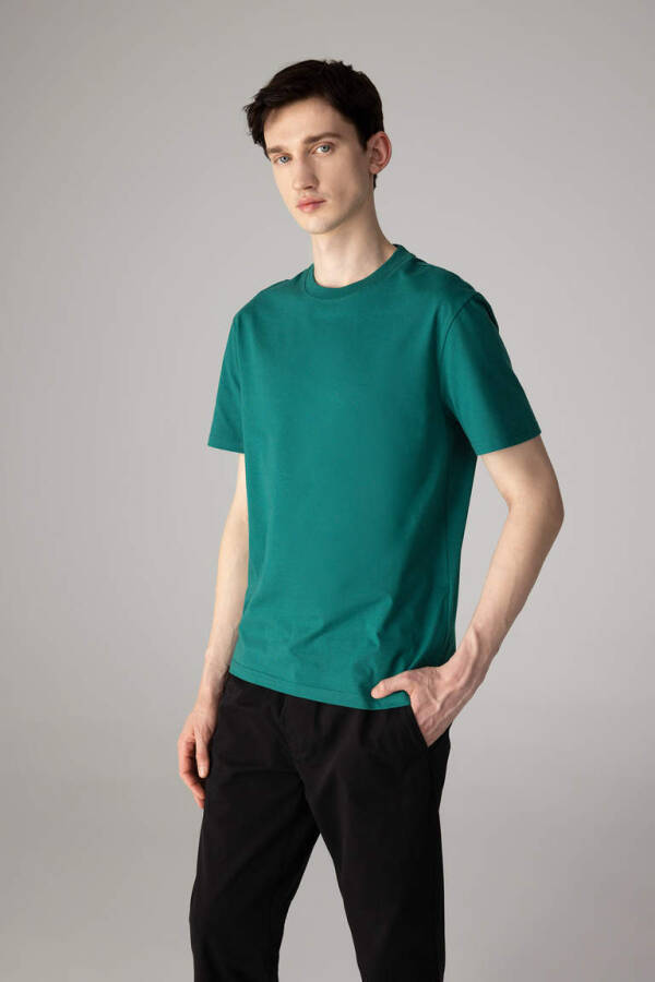 New Regular Fit Crew Neck Basic Short Sleeve 100% Cotton T-Shirt Green - 3