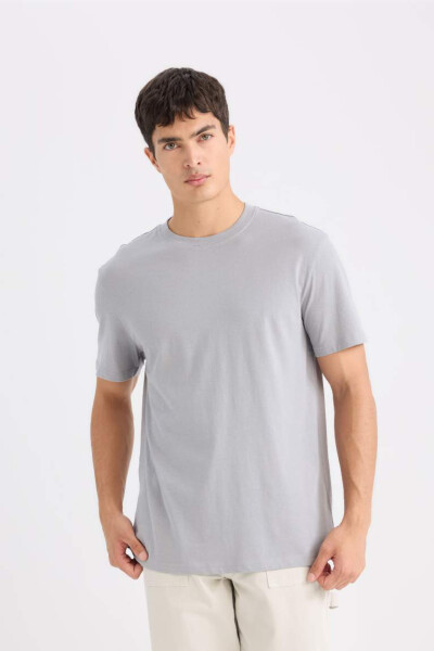 New Regular Fit Crew Neck Basic Short Sleeve 100% Cotton T-Shirt Grey - 1