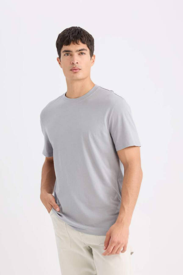 New Regular Fit Crew Neck Basic Short Sleeve 100% Cotton T-Shirt Grey - 3