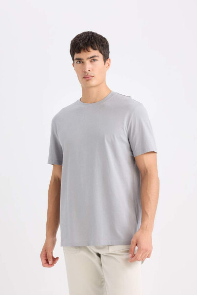 New Regular Fit Crew Neck Basic Short Sleeve 100% Cotton T-Shirt Grey - 4