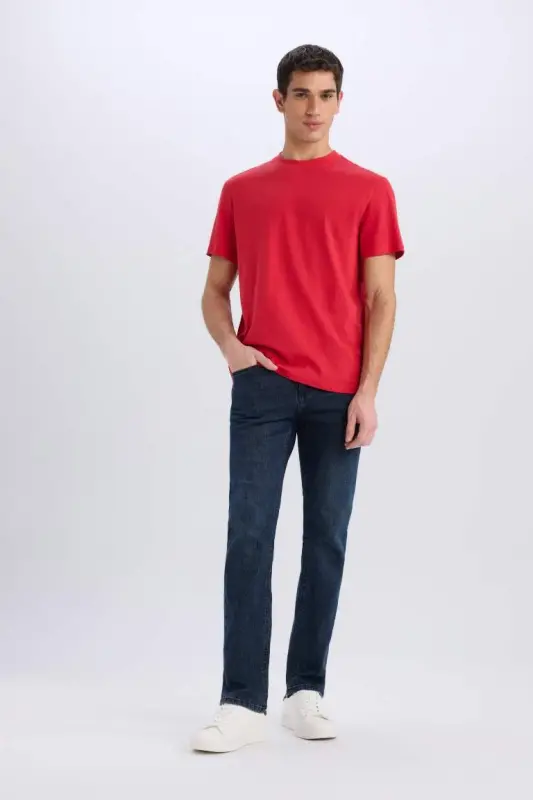 New Regular Fit Crew Neck Basic Solid 100% Cotton Short Sleeve T-Shirt-Red - 2