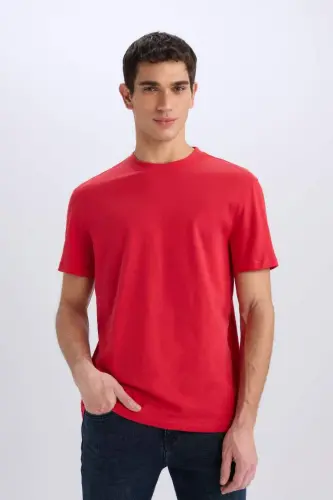 New Regular Fit Crew Neck Basic Solid 100% Cotton Short Sleeve T-Shirt-Red - 3