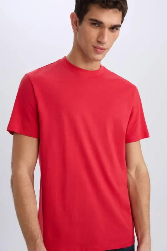 New Regular Fit Crew Neck Basic Solid 100% Cotton Short Sleeve T-Shirt-Red - 4
