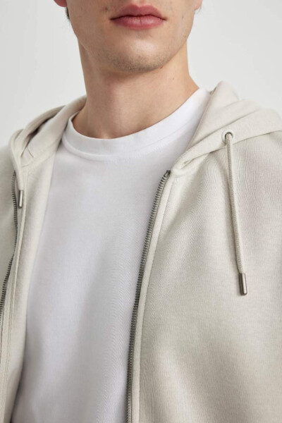 New Regular Fit Hooded Basic Straight Zip Sweatshirt Stone - 5