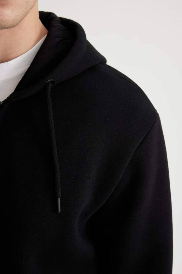 New Regular Fit Hoodie Basic Plain Zippered Black Sweatshirt Black - 4