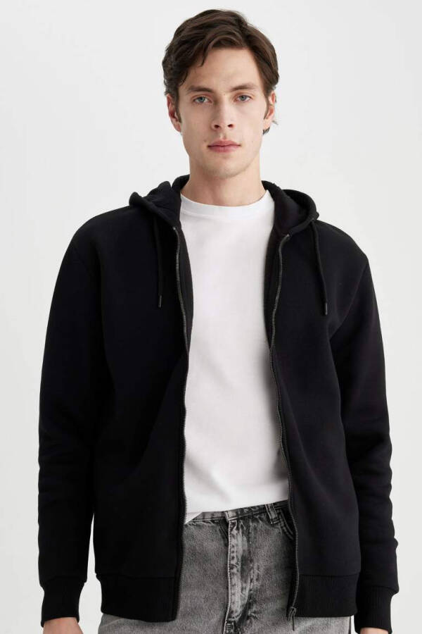 New Regular Fit Hoodie Basic Plain Zippered Black Sweatshirt Black - 5