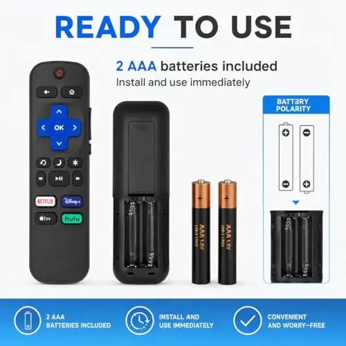New Roku TV Remote Control for TCL/Hisense/Onn/Sharp Roku TVs - 4 Shortcut Buttons for Netflix/Disney/Hulu/Apple TV (2 Batteries) - 5