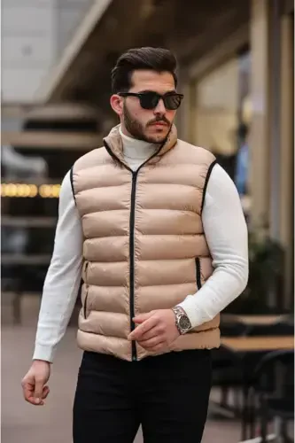 New Season Beige Inflatable Filled Zippered Pocket Stand-up Collar Sleeveless Vest-beige - 1