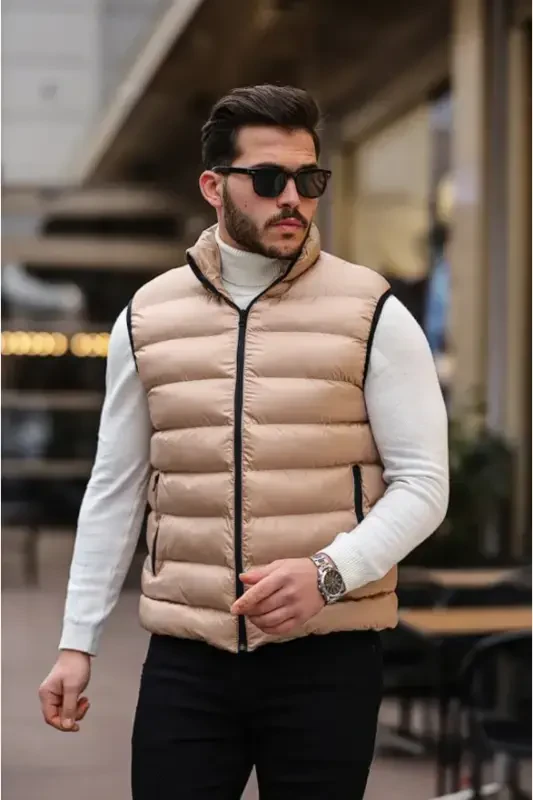 New Season Beige Inflatable Filled Zippered Pocket Stand-up Collar Sleeveless Vest-beige - ENDEİS COLLECTİON