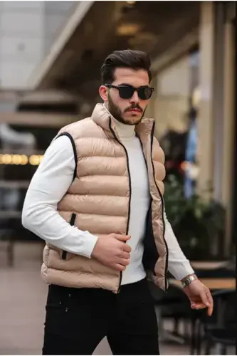 New Season Beige Inflatable Filled Zippered Pocket Stand-up Collar Sleeveless Vest-beige - ENDEİS COLLECTİON (1)