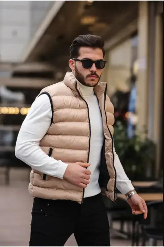 New Season Beige Inflatable Filled Zippered Pocket Stand-up Collar Sleeveless Vest-beige - 2