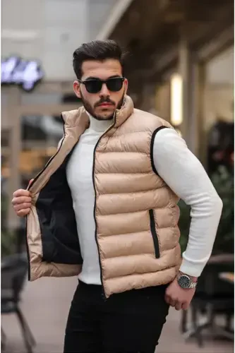 New Season Beige Inflatable Filled Zippered Pocket Stand-up Collar Sleeveless Vest-beige - 3