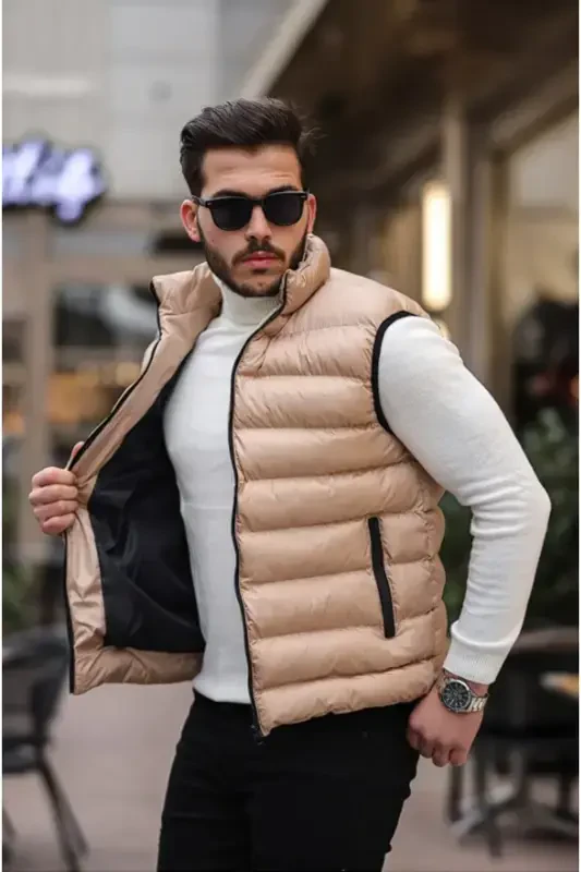 New Season Beige Inflatable Filled Zippered Pocket Stand-up Collar Sleeveless Vest-beige - 3