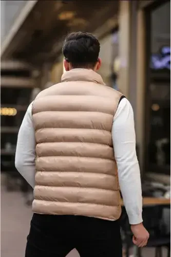 New Season Beige Inflatable Filled Zippered Pocket Stand-up Collar Sleeveless Vest-beige - 4