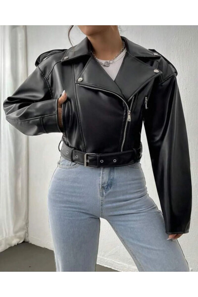 New Season Belted Oversized Leather Biker Jacket - 1