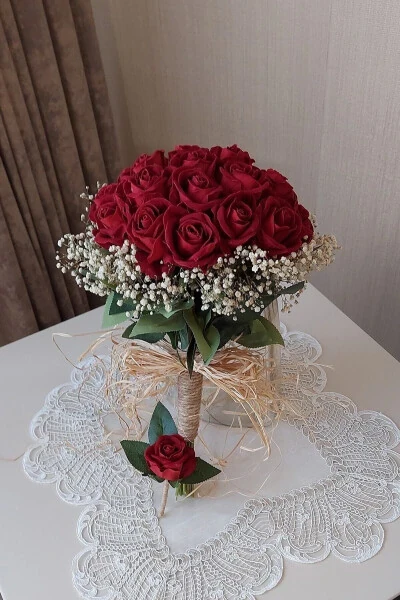 New Season Bridal Bouquet and Groom's Boutonniere! Velvet Red Rose Bouquet! Engagement Wedding Bouquet - 23